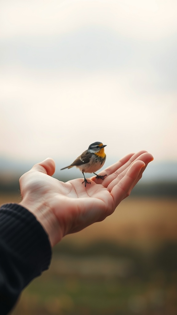 A small bird with yellow and brown plumage perched on an outstretched hand against a blurred natural background.