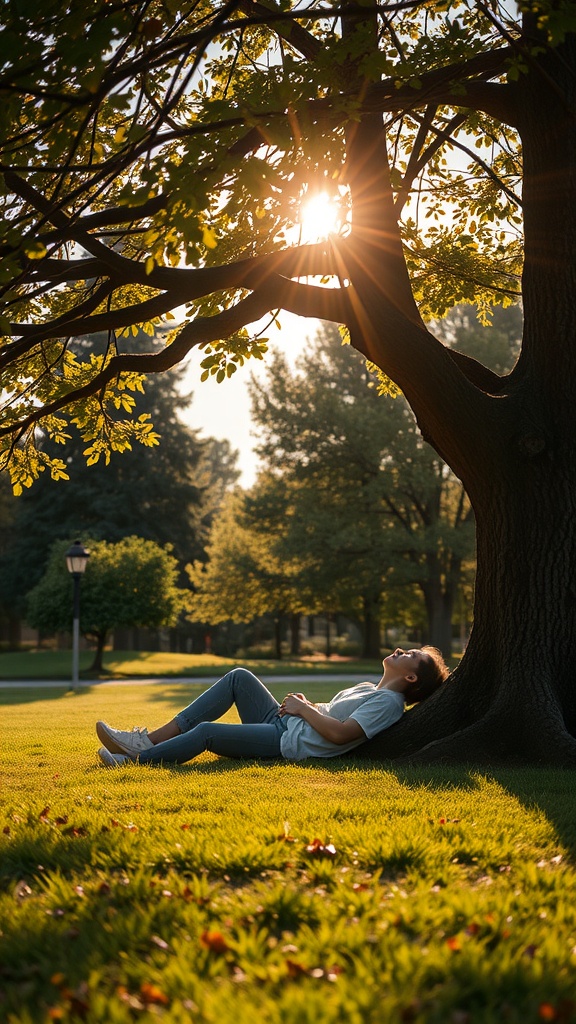 A person reclining against a tree in a sunlit park, with sunlight streaming through the branches.