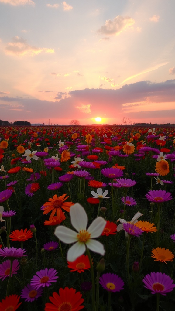 A vibrant field of colorful flowers in shades of orange, purple, pink, and white, illuminated by a warm sunset in the background with scattered clouds in the sky.