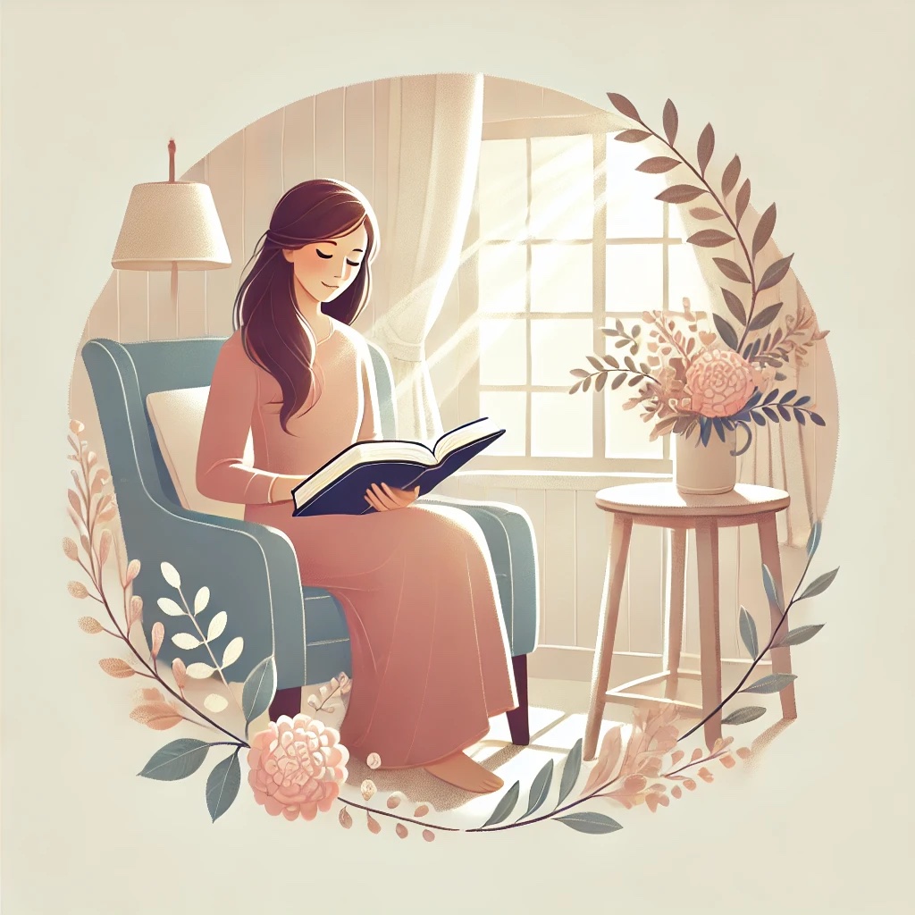 A woman sitting on a cozy chair by a sunlit window, reading her Bible in a peaceful setting with soft pastel tones and floral accents.
